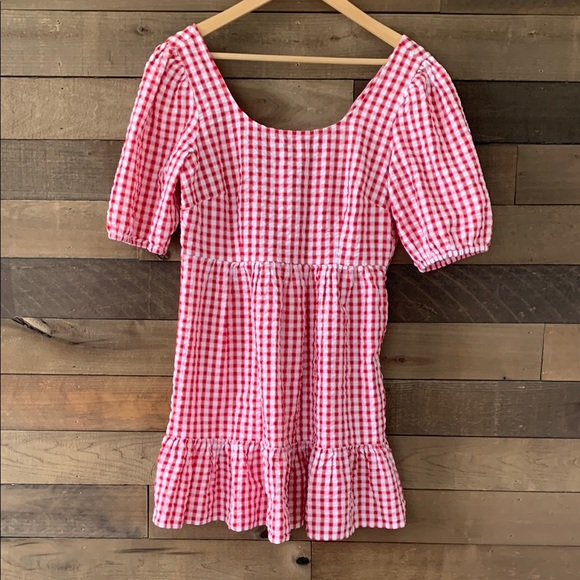 NWT LOFT Women's Gingham Tie Back Flounce Swing Dress in Tango Red - Picture 3 of 11